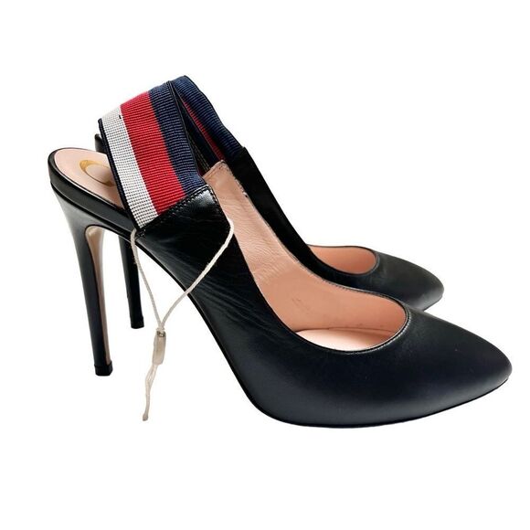 Gucci SYLVIE WEB LEATHER SLINGBACK HEELS PUMPS IN BLACK EU 38.5 EUC MSRP $795 - Picture 2 of 10